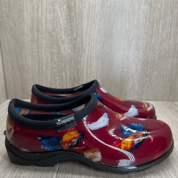 SLOGGERS Chicken Print Garden Shoes Women 6 Slip On Clog Waterproof USA Dark Red - Picture 1 of 11